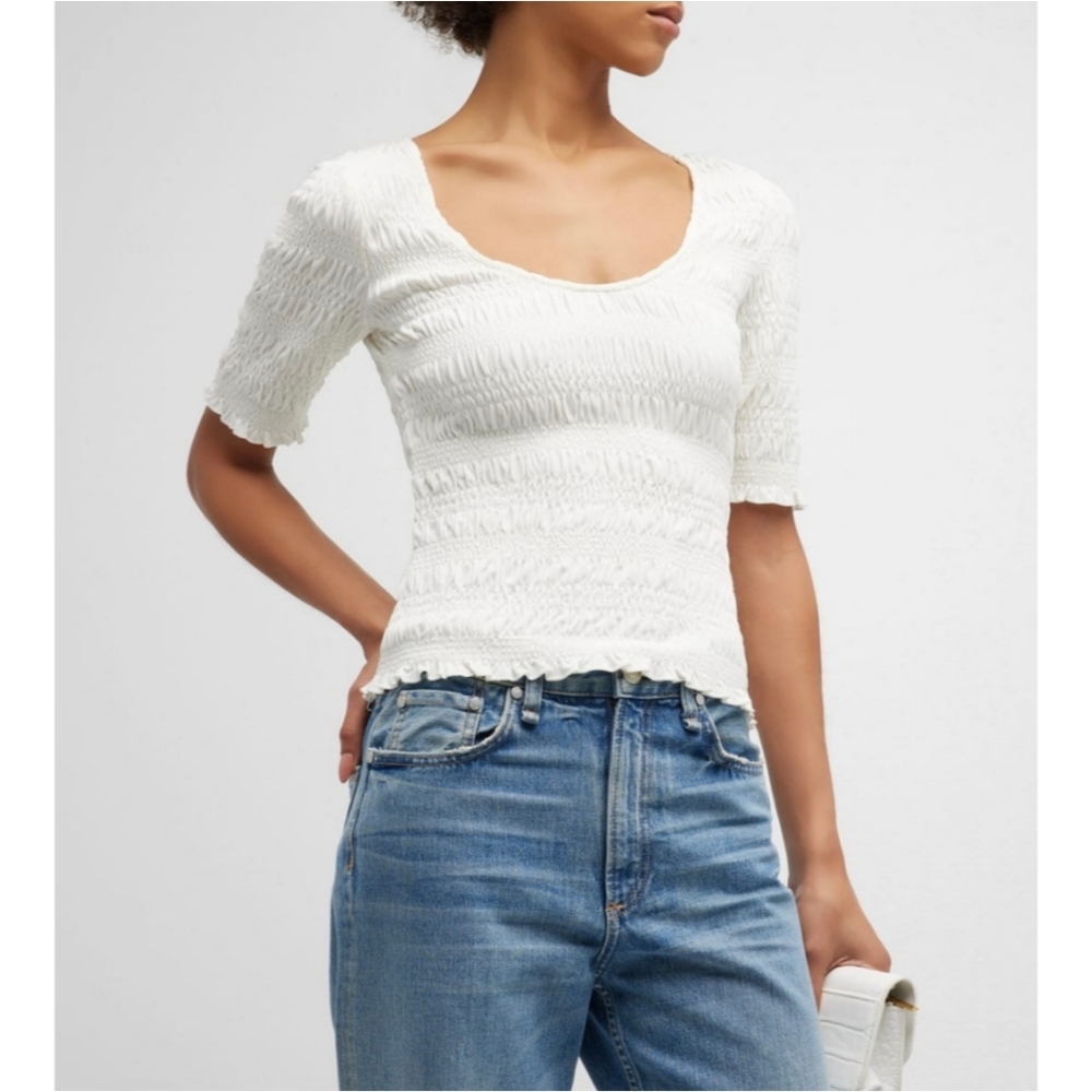 FRAME Smocked Cream Short Sleeve Top, L